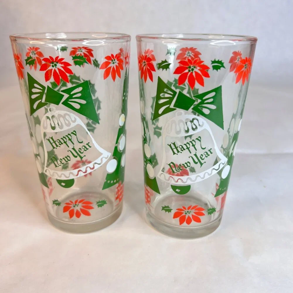 5 Vintage Hazel Atlas Tumblers Christmas Drinking Glasses Happy New Year 10 OZ‎
